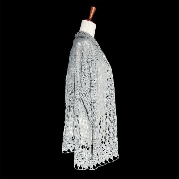 JOHNNY WAS 100% Cotton Floral Crochet Lace Open Cardigan Gray Size S - Picture 4 of 8